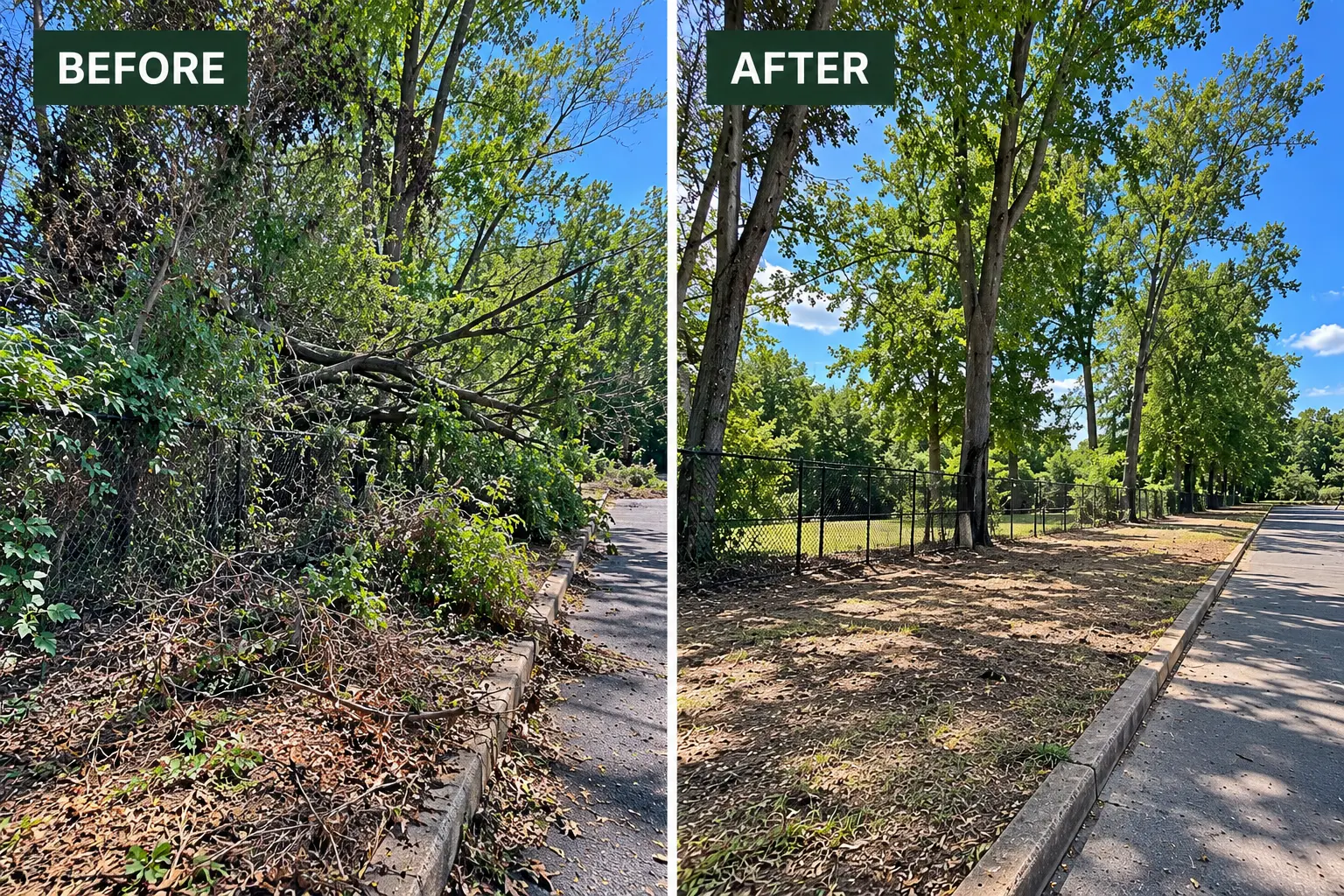 Before and after: overgrown brush along a fence line and curb cleared