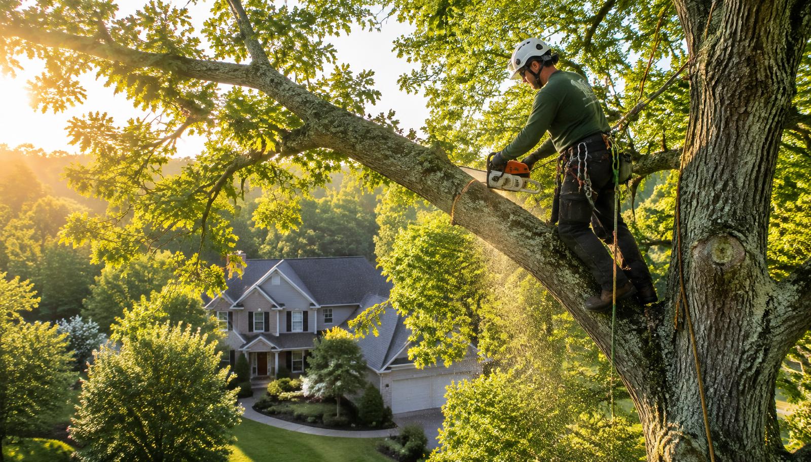 Arborist cutting a large oak limb above a Georgia home